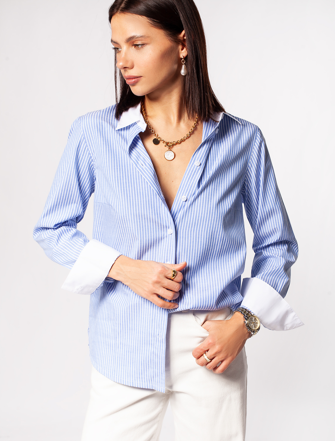 картинка Блузка женская голубой-белый от магазина Одежда+